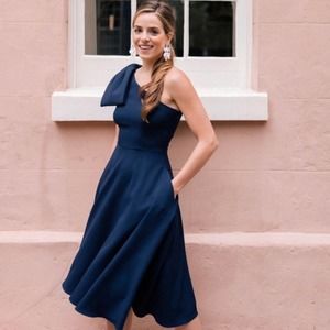 GAL MEETS GLAM Women's Yvonne One Shoulder Bow Dress Fit and Flare Navy Blue 8